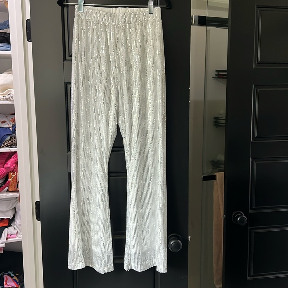 White sequin sparkle flare pants